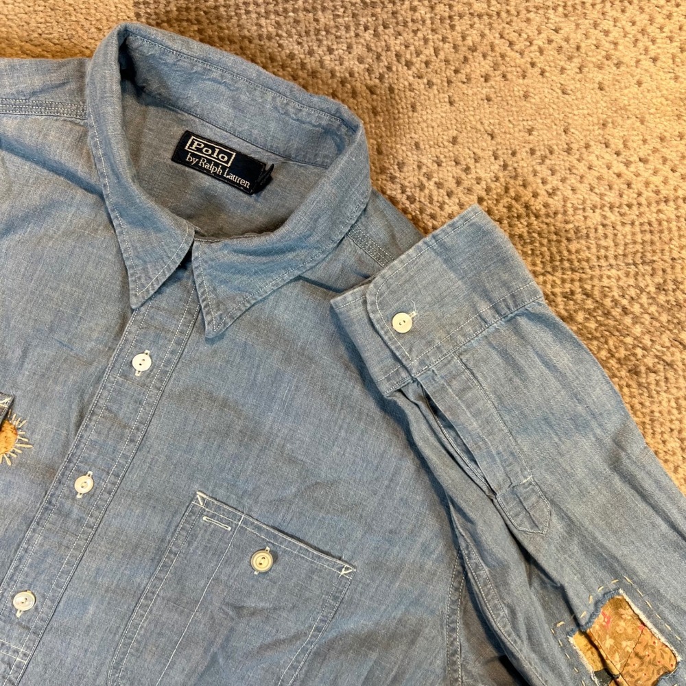 Polo Ralph Lauren Mens XL Blue Chambray Destroyed Button Up Shirt Patchwork